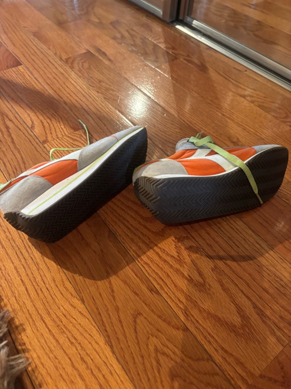 Diadora Gray Suede Sneakers with Orange Panels and Lime Laces - Picture 3 of 10